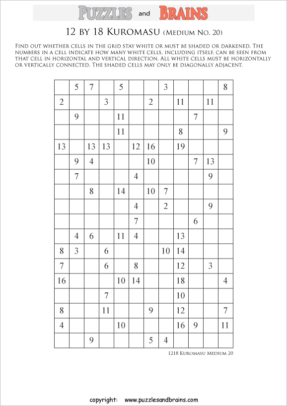 printable medium level 12 by 18 Kuromasu logic puzzles for young and old