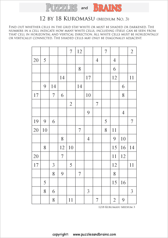 printable medium level 12 by 18 Kuromasu logic puzzles for young and old