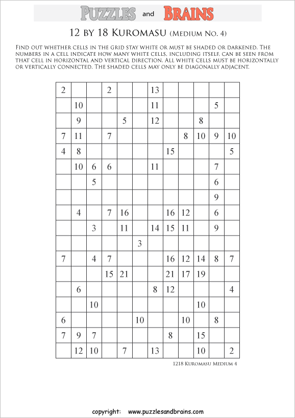 printable medium level 12 by 18 Kuromasu logic puzzles for young and old