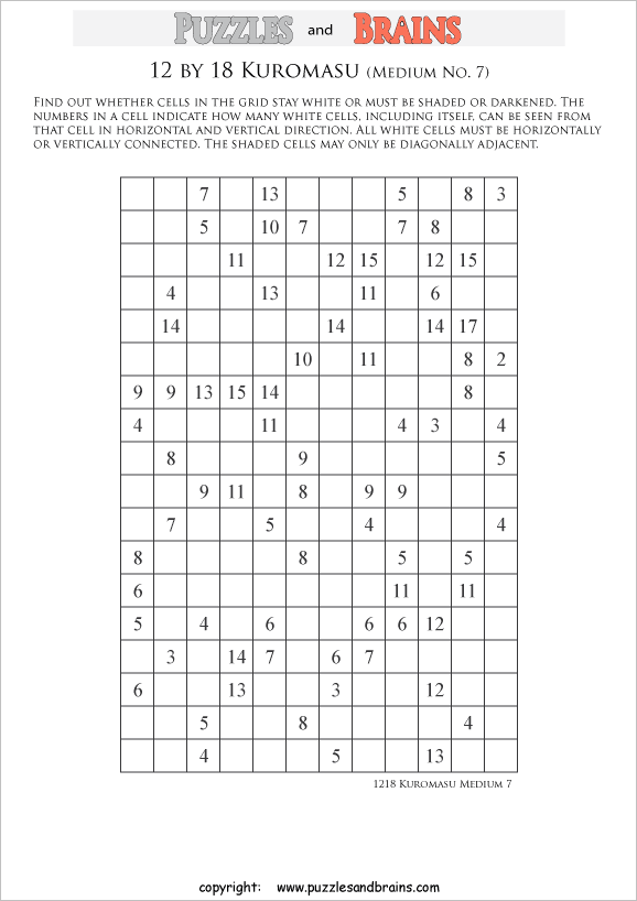 printable medium level 12 by 18 Kuromasu logic puzzles for young and old