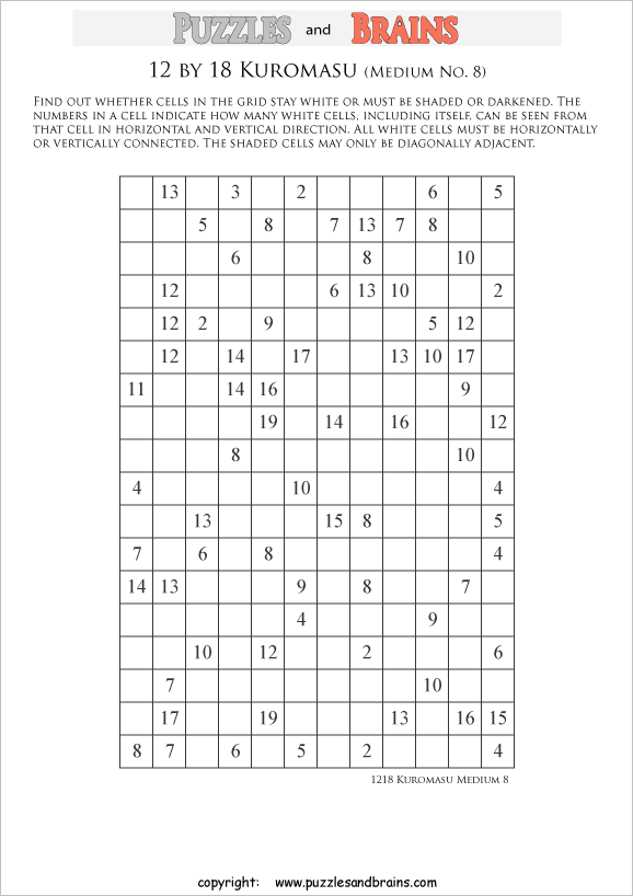 printable medium level 12 by 18 Kuromasu logic puzzles for young and old