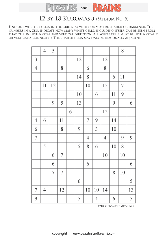 printable medium level 12 by 18 Kuromasu logic puzzles for young and old