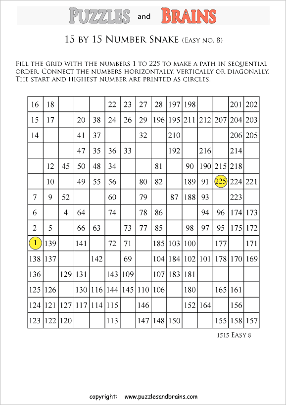 printable easier 15 by 15 Hidato Number Snake puzzles for young and old