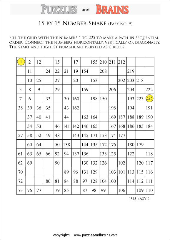 Printable easier 15 by 15 grid Hidato Number Snake logic puzzles for