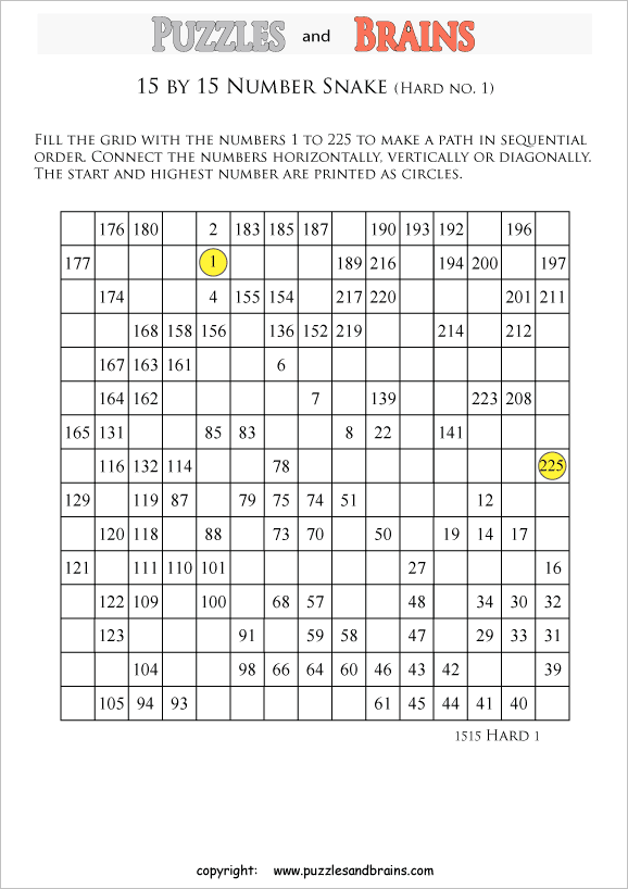 printable difficult 15 by 15 Hidato Number Snake puzzles for young and old