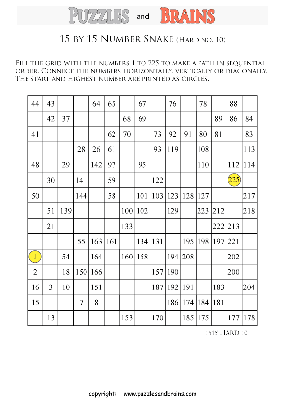 Printable hard level 15 by 15 grid Hidato Number Snake logic puzzles ...