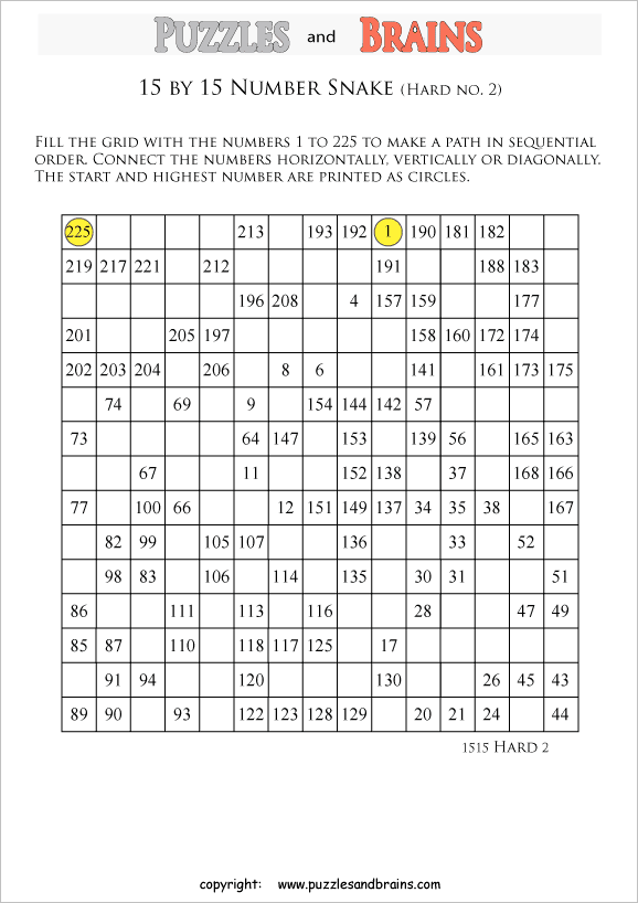 printable difficult 15 by 15 Hidato Number Snake puzzles for young and old