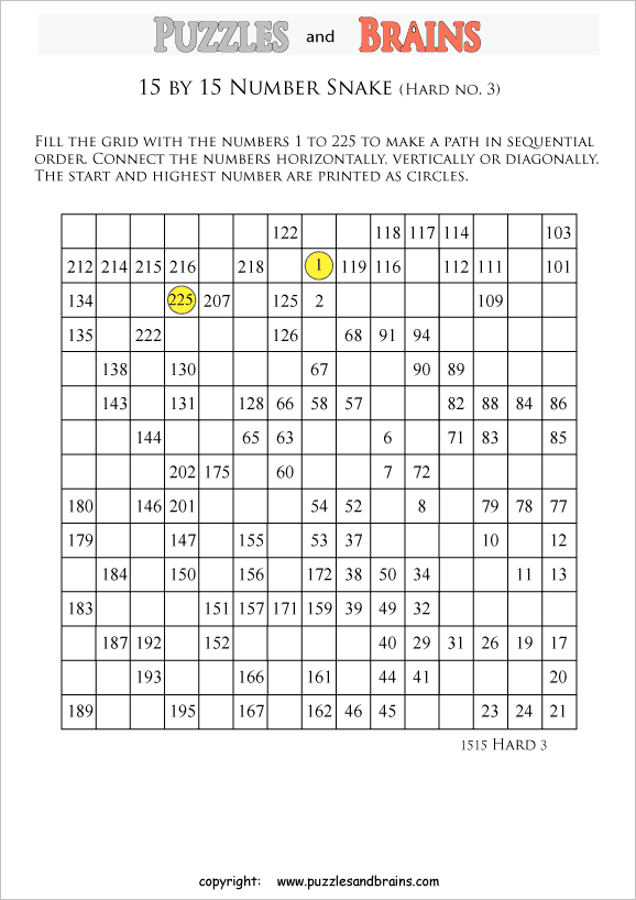 printable hard level 15 by 15 grid hidato number snake logic puzzles