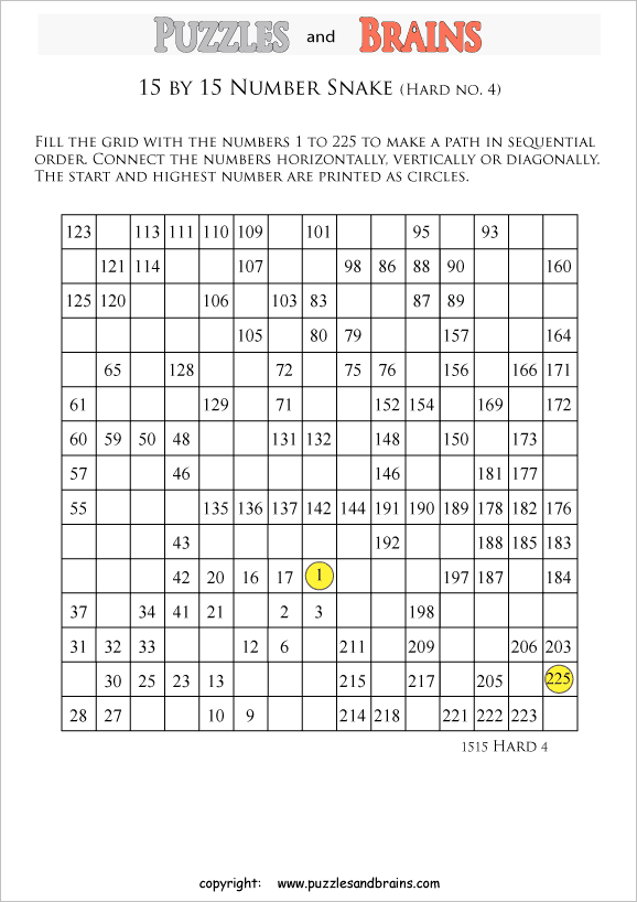 printable difficult 15 by 15 Hidato Number Snake puzzles for young and old