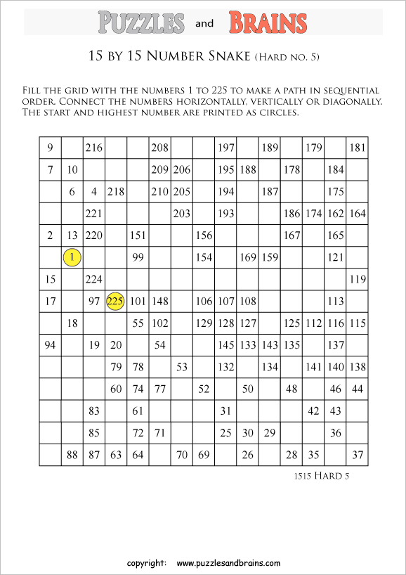 printable difficult 15 by 15 Hidato Number Snake puzzles for young and old