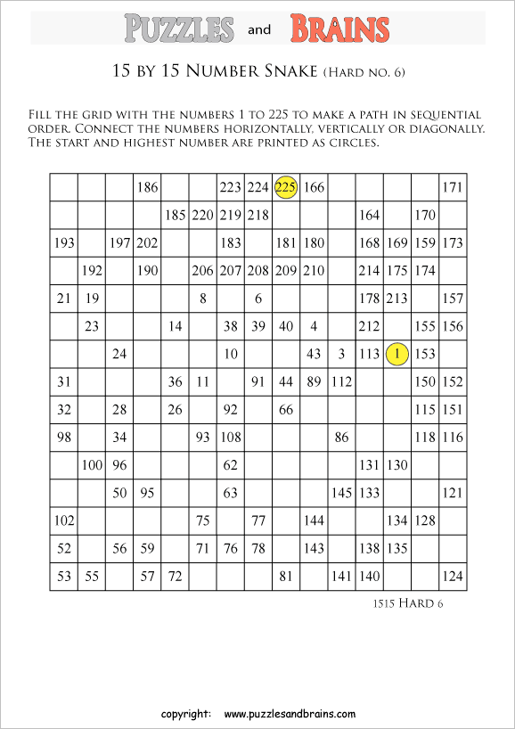 printable difficult 15 by 15 Hidato Number Snake puzzles for young and old