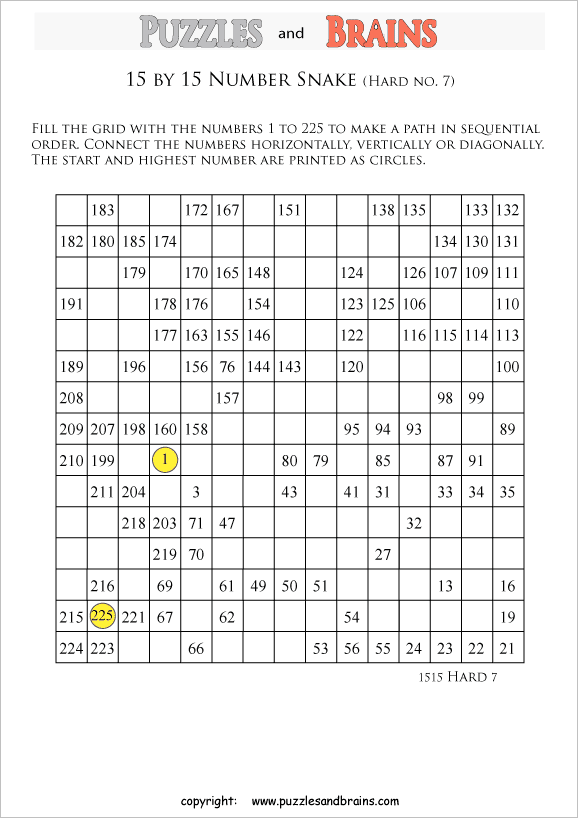 printable difficult 15 by 15 Hidato Number Snake puzzles for young and old