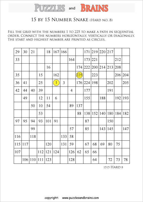 printable difficult 15 by 15 Hidato Number Snake puzzles for young and old