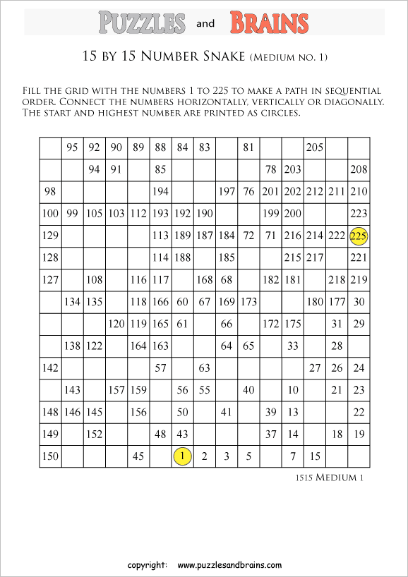 printable medium 15 by 15 Hidato Number Snake puzzles for young and old