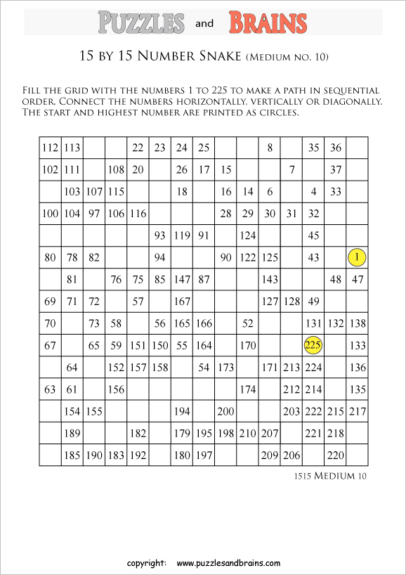 printable medium level 15 by 15 grid hidato number snake logic puzzles