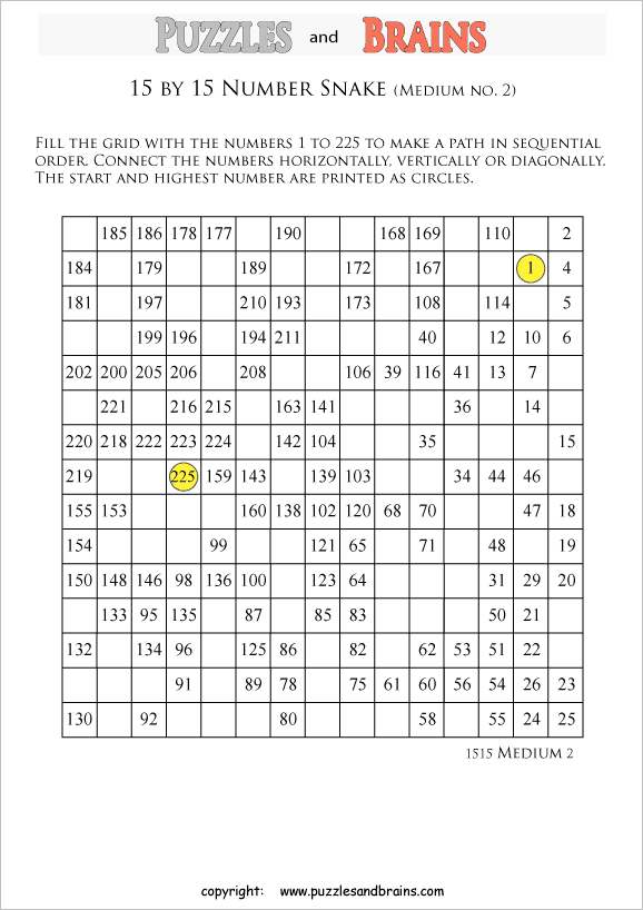 printable medium 15 by 15 Hidato Number Snake puzzles for young and old