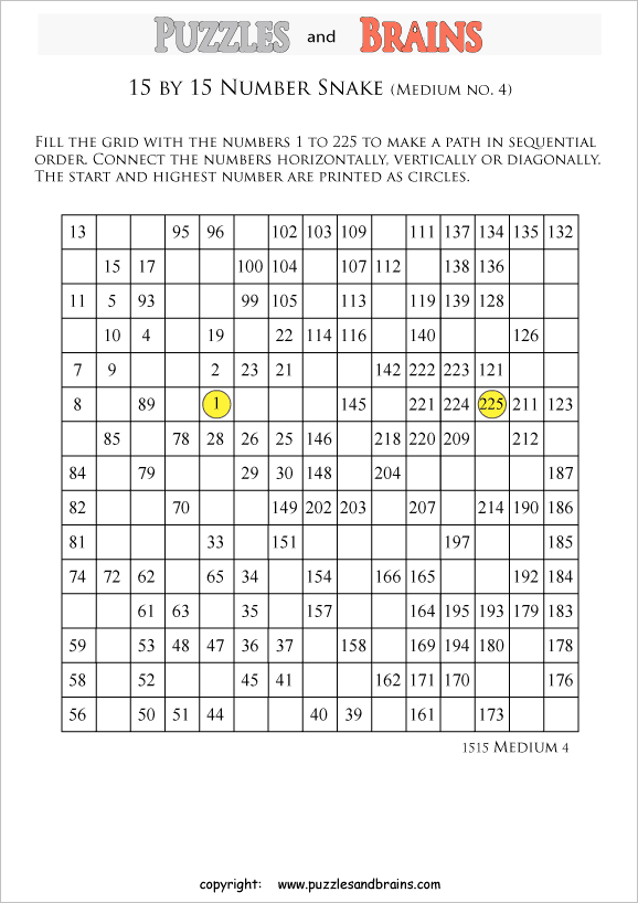 printable medium 15 by 15 Hidato Number Snake puzzles for young and old