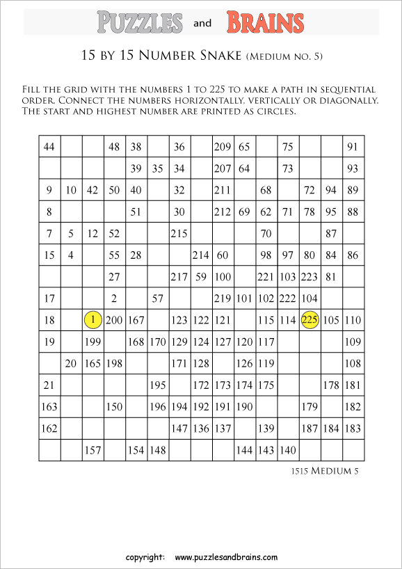 printable medium level 15 by 15 grid hidato number snake logic puzzles