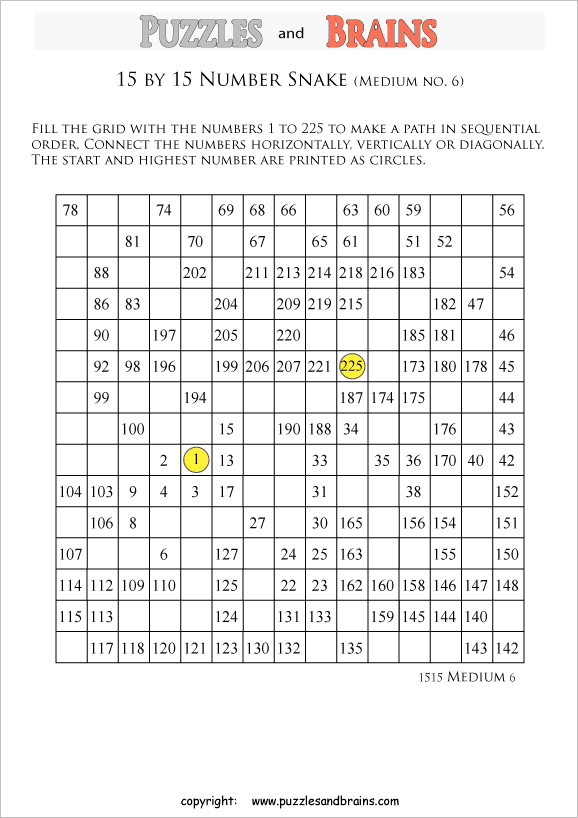 printable medium 15 by 15 Hidato Number Snake puzzles for young and old
