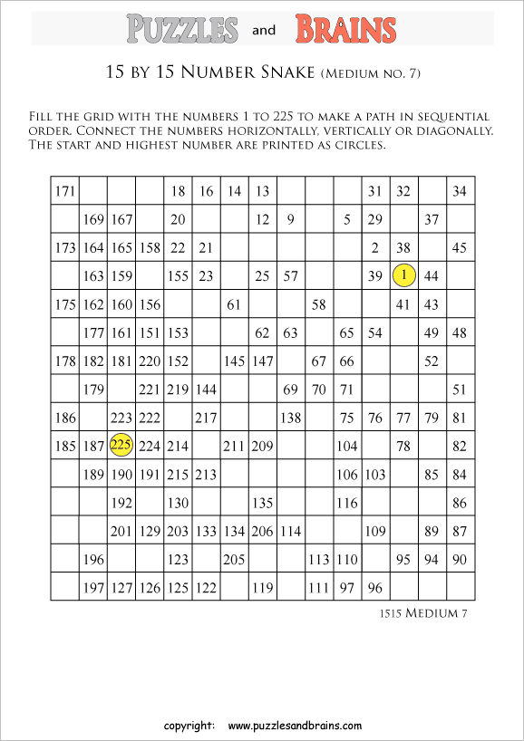 printable medium 15 by 15 Hidato Number Snake puzzles for young and old