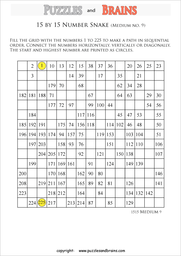 printable medium 15 by 15 Hidato Number Snake puzzles for young and old