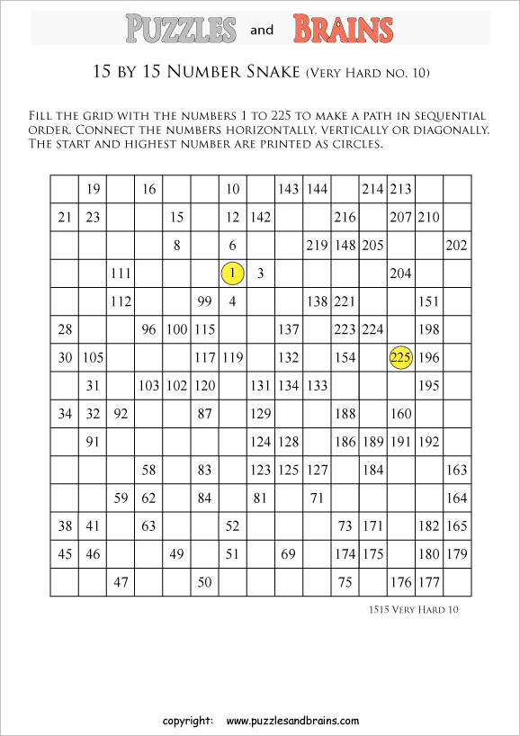 printable very difficult level 15 by 15 grid hidato number snake logic