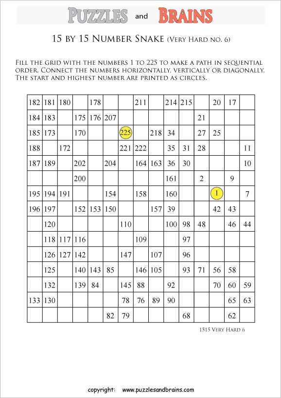 printable very difficult level 15 by 15 grid hidato number snake logic