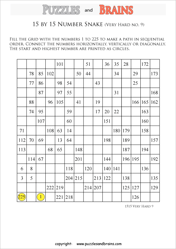 printable very difficult level 15 by 15 grid hidato number snake logic