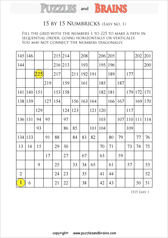 printable easier 15 by 15 numbrix number snake puzzles for