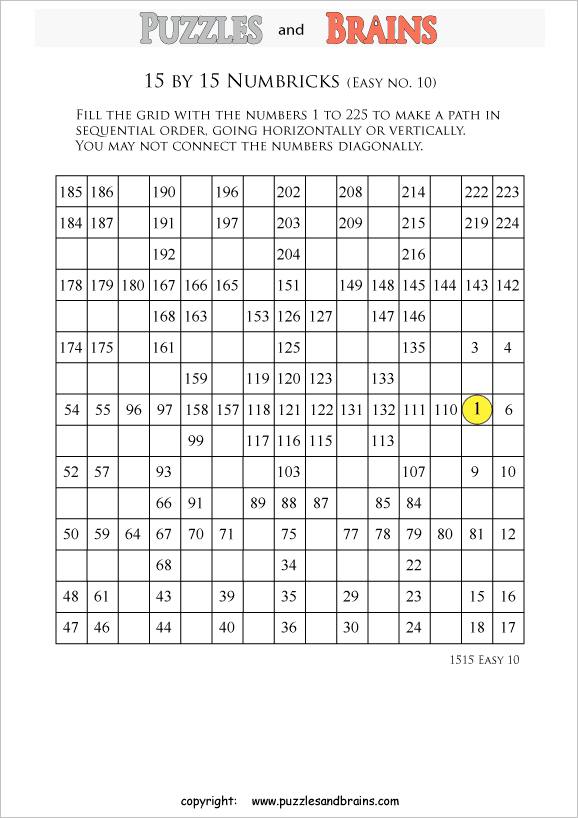 printable easier 15 by 15 Numbrix Number Snake puzzles for young and old