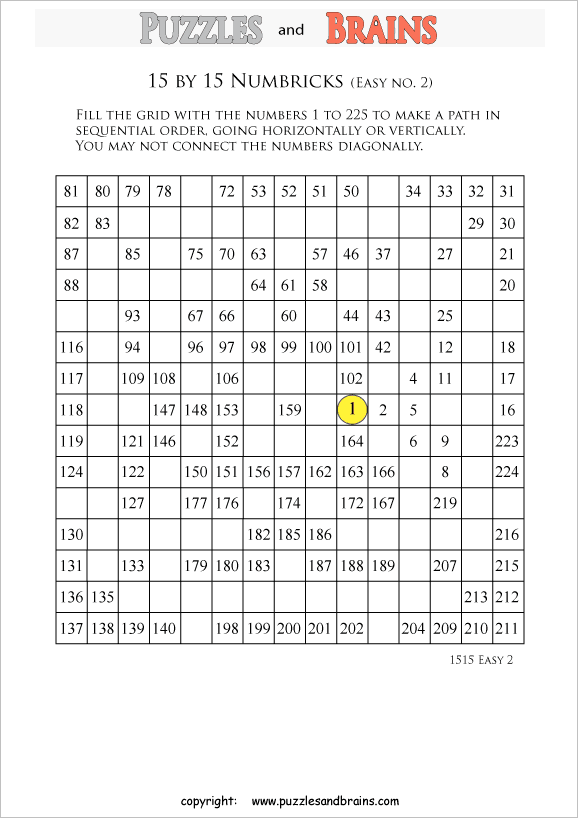 Printable easier level 15 by 15 grid Numbrix Number Snake logic puzzles
