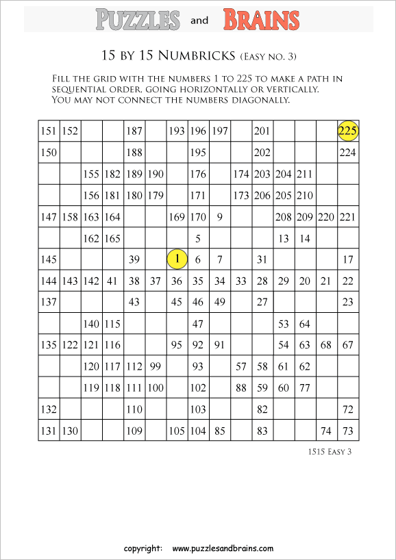 printable easier 15 by 15 Numbrix Number Snake puzzles for young and old