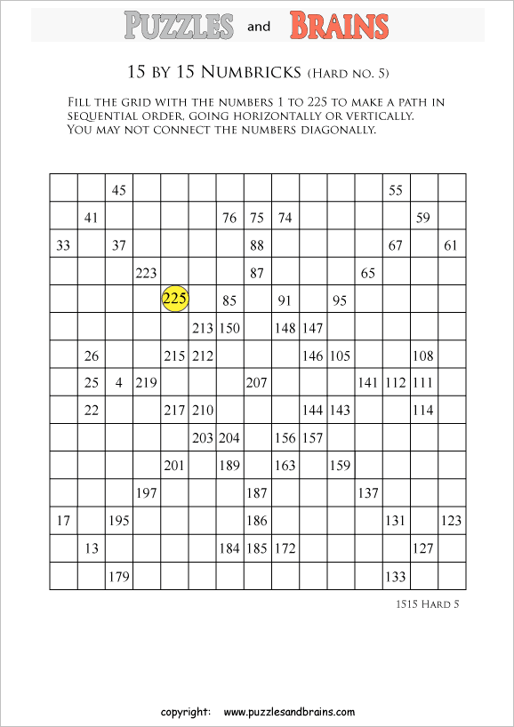 printable 15 by 15 difficult level Numbrix logic IQ puzzles