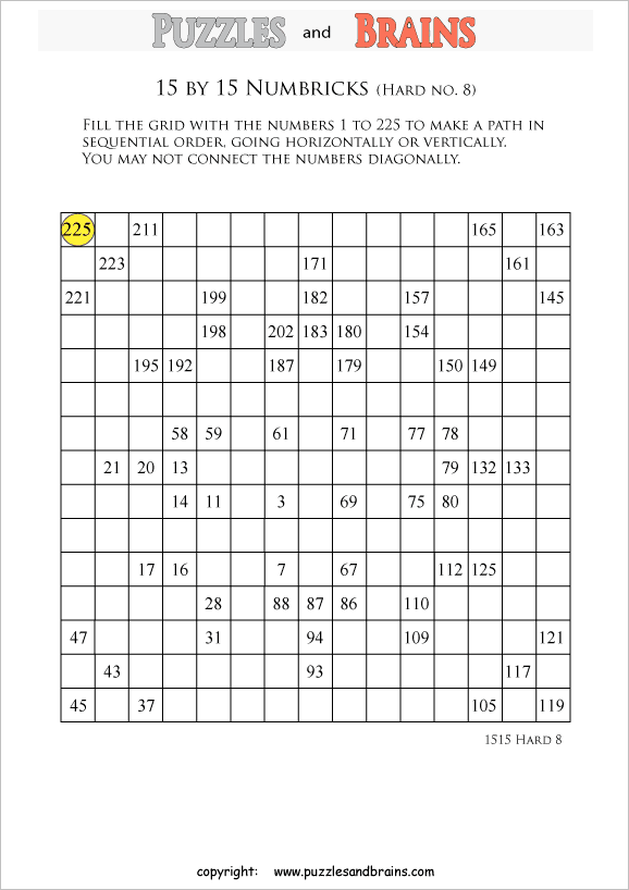 printable 15 by 15 difficult level Numbrix logic IQ puzzles