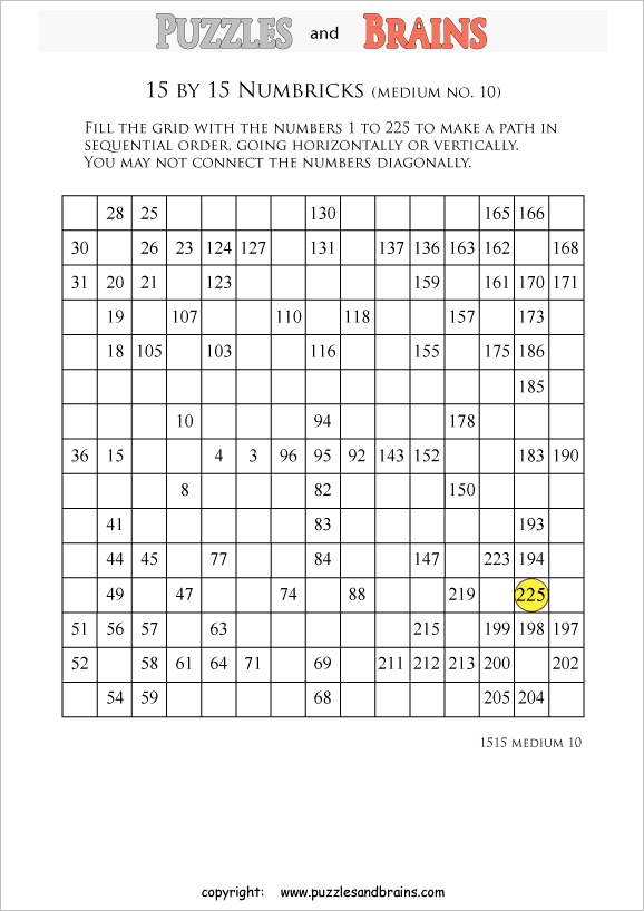 printable 15 by 15 medium level Numbrix logic IQ puzzles