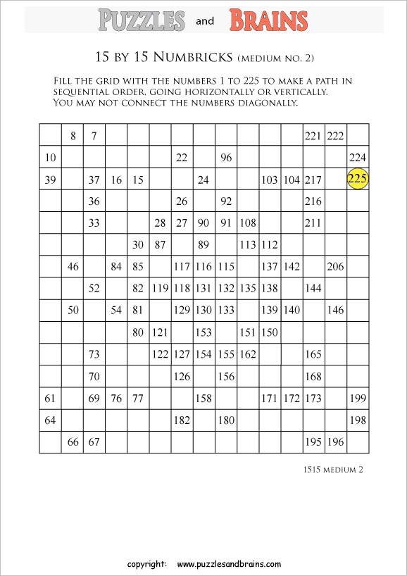printable 15 by 15 medium level numbrix logic puzzles for kids and adults