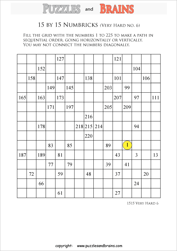 printable 15 by 15 very difficult level numbrix logic puzzles for kids