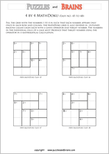 printable 4 by 4 easier Mathdoku, KenKen-like, math puzzles for young and old