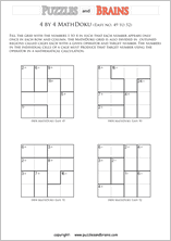 printable 4 by 4 easier Mathdoku, KenKen-like, math puzzles for young and old