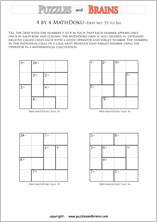 printable 4 by 4 easier Mathdoku, KenKen-like, math puzzles for young and old