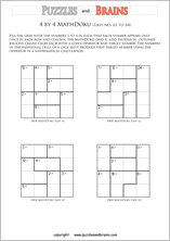 printable 4 by 4 easier Mathdoku, KenKen-like, math puzzles for young and old