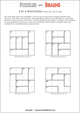 printable 4 by 4 easier Mathdoku, KenKen-like, math puzzles for young and old