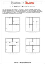 printable 4 by 4 easier Mathdoku, KenKen-like, math puzzles for young and old