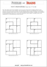 printable 4 by 4 easier Mathdoku, KenKen-like, math puzzles for young and old