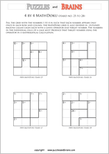 printable 4 by 4 difficult level Mathdoku, KenKen-like, math puzzles for young and old