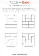 printable 4 by 4 difficult level Mathdoku, KenKen-like, math puzzles for young and old