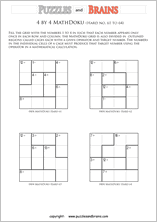 printable 4 by 4 difficult level Mathdoku, KenKen-like, math puzzles for young and old