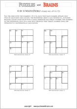 printable 4 by 4 difficult level Mathdoku, KenKen-like, math puzzles for young and old