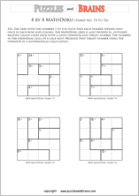 printable 4 by 4 difficult level Mathdoku, KenKen-like, math puzzles for young and old