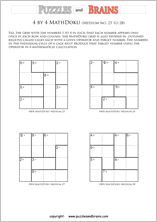 printable 4 by 4 medium level Mathdoku, KenKen-like, math puzzles for young and old